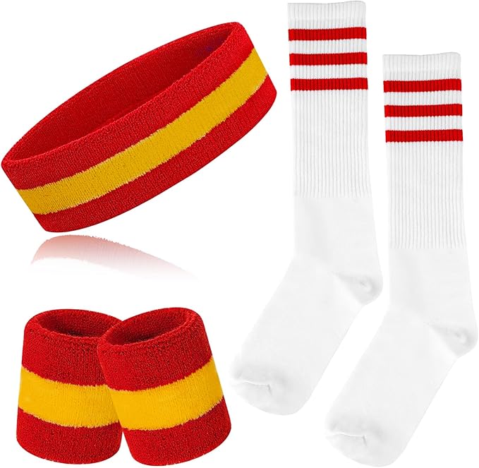 ONUPGO 5 Pieces Sweatbands Striped Socks Set Sports Headband Wristbands High Tube Socks 80s Accessories Costumes