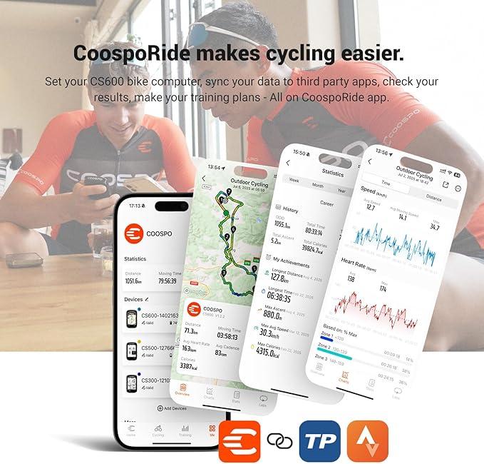 COOSPO Color Touchscreen GPS Bike Computer CS600, Wireless IPX7 Waterproof Cycling GPS Speedometer with Bluetooth/ANT+, Backlight Route Navigation, Support Bike Radar & 36H Battery Life