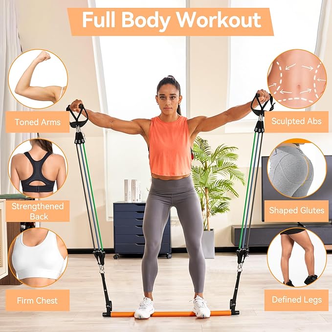 Hommie Portable Pilates Bar Kit with Resistance Bands for Men and Women，Upgraded 3 Section Pilates Bar with Resistance Bands (20-60lb) for Home Gym Equipment Supports Full-Body