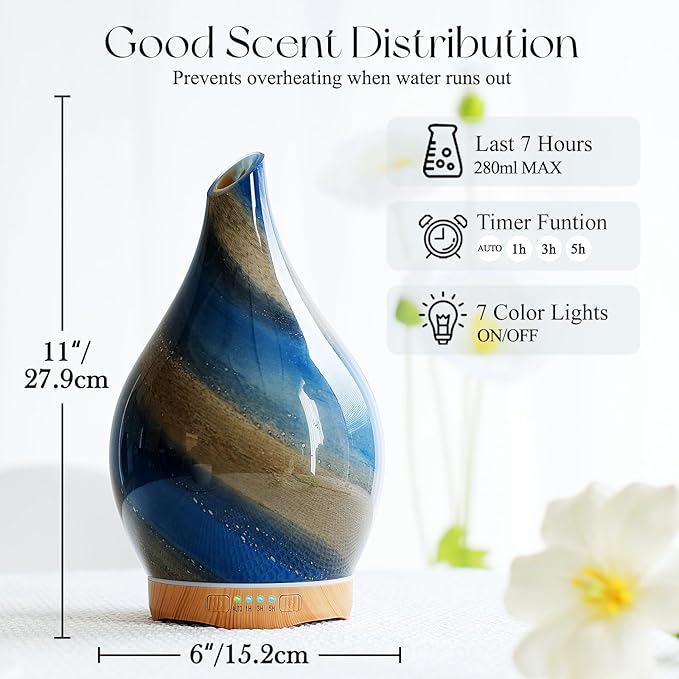Porseme 280ml Essential Oil Diffuser Glass Color Changing Aroma Air Diffusers Aromatherapy Ultrasonic Cool Mist Humidifier 7 Running Hours Waterless Auto-Off for Sleeping, Yoga, Office, Spa (Galaxy)