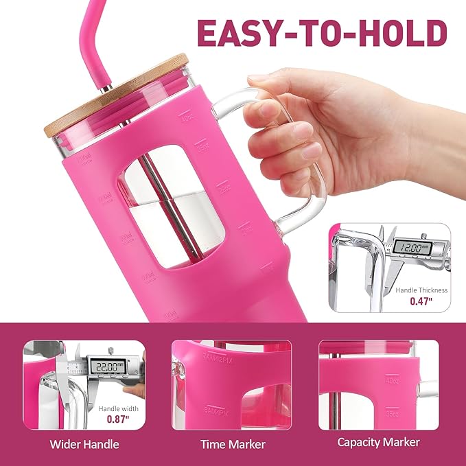 Glass Tumbler with Straw and Lid, 40 oz glass cup with handle, Glass Water Bottles with Time Marker, Silicone Protective Sleeve-Rose Red