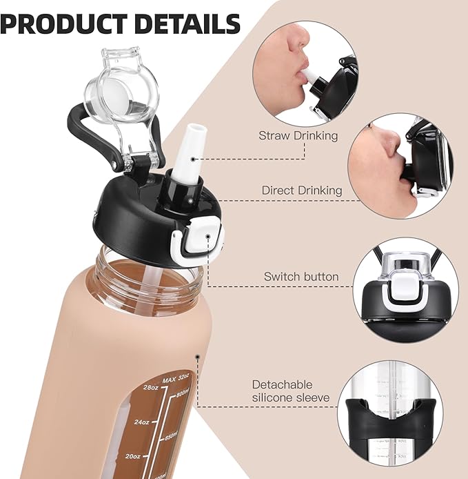 32 oz Glass Water Bolttles with Straw Large Motivational Water Bottle with Time Marker Sports Water Bottles with Silicone Sleeve and Handle Lid Water Jug for Gym Workout