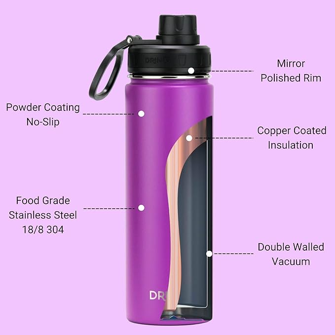 DRINCO Stainless Steel Water Bottle Spout Lid Vacuum Insulated Double Wall Water Bottle Wide Mouth (40oz 32oz 22oz 18oz 14oz) Leak Proof Keep Cold Sport Camping Hiking (22 oz, 22oz Purple)