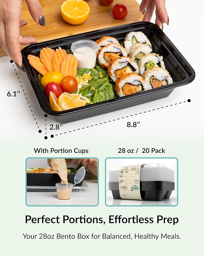 Enther [20 Pack] Single 1 Compartment Meal Prep Containers with Lids, Food Storage Bento Box with Portion Cups, BPA Free, Reusable Lunch Box, Microwave/Dishwasher/Freezer Safe, Portion Control, 28oz