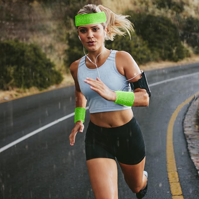 24 Pcs Neon Sweatbands Set Include 8 Pcs Sports Headband and 16 Pcs Cotton Wristbands 80s Neon Sweat Bands Bulk for Gym, Tennis, Basketball, Running, Exercise
