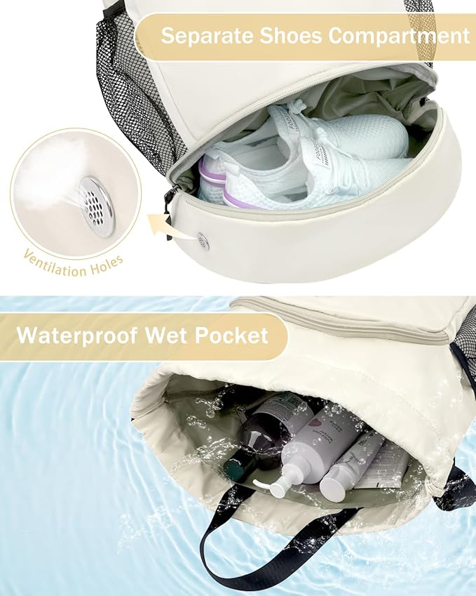 Drawstring Backpack Gym Backpack with Shoe Compartment for Men Women String Sports Bag with Wet Pocket Cinch Swim Beach Bag, Beige (Patent Pending)