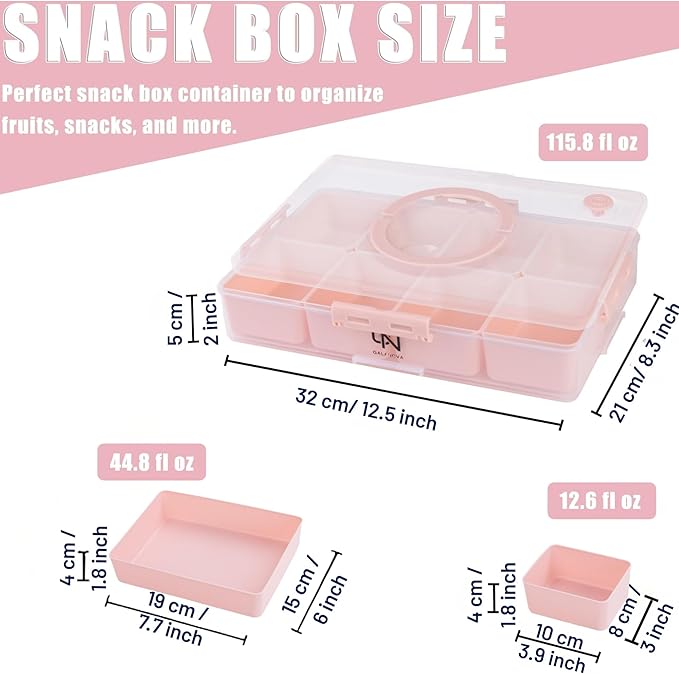 Snackle Box Container - 10 Compartments Including 2 XL, Dishwasher & Microwave Safe, Divided Serving Tray with Lid and Handle, BPA-Free, snack box (1 PCS, Pink, 1 Box with 2 XL Compartments)
