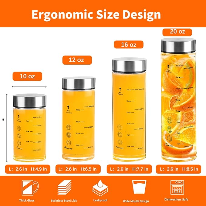 Glass Juice Bottles 6 Pack 20 oz - Wide Mouth Glass Water Bottles with Lids - for Juicing, Protein, Smoothie, Milk, Reusable, BPA Free, Stainless Steel Lids, Blender, Shaker Bottle [20oz/600ml]