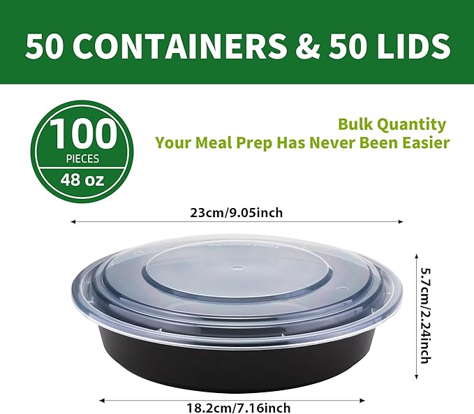 Round Meal Prep Containers with Lids, 50 Pack 48oz (100-Piece) Disposable Leakproof Take Out Food Storage Containers, Plastic To Go Lunch Boxes, BPA Free, Microwave/Dishwasher/Freezer Safe