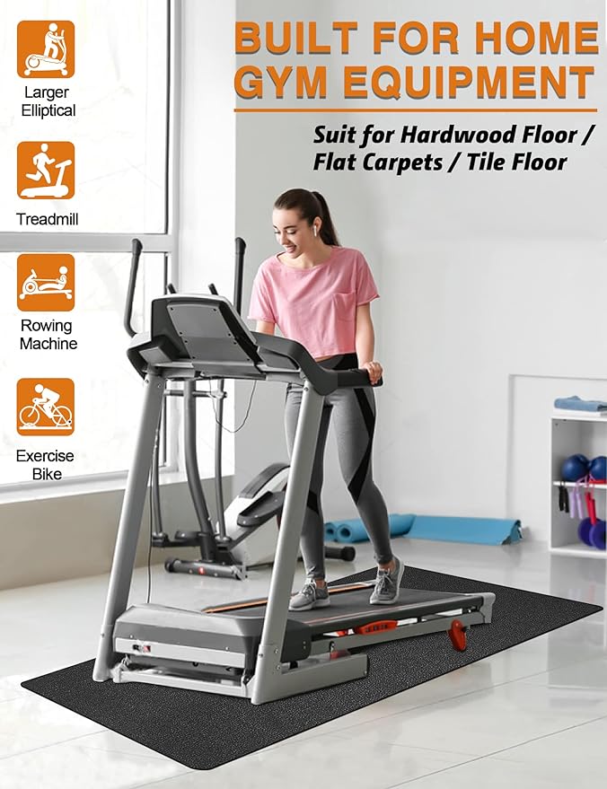 Treadmill Mat, 5'x2.5'/5.6'x2'/6.5'x3'/8'x3',6mm Thickness Exercise Equipment Mat for Carpet Hardwood Floors, Compatible with Walking Pad,Spin Bike,Elliptical Trainer,Rowing Machine