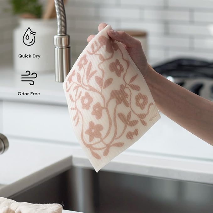 RECYCO Swedish Dishcloths for Kitchen | 6 Pack Floral Geo Washable Dish Rags | Cellulose Reusable Cleaning Paper Towels | Absorbent Counter Dish Cloth Sponge Kitchen Wipes, 8" L x 7" W