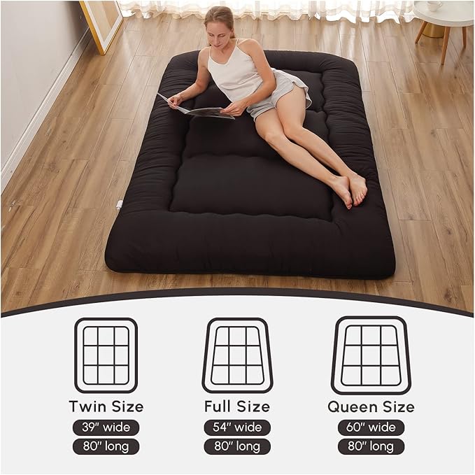 Japanese Floor Mattress, Futon Mattress with Portable Storage Bag and Washable Cover, Roll Up Thick Tatami Mat Suitable for Camping, Guest Room, Black, Full