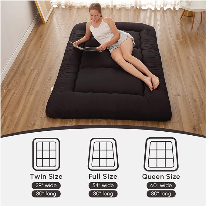 Japanese Floor Mattress, Futon Mattress with Portable Storage Bag and Washable Cover, Roll Up Thick Tatami Mat Suitable for Camping, Guest Room, Black, Twin