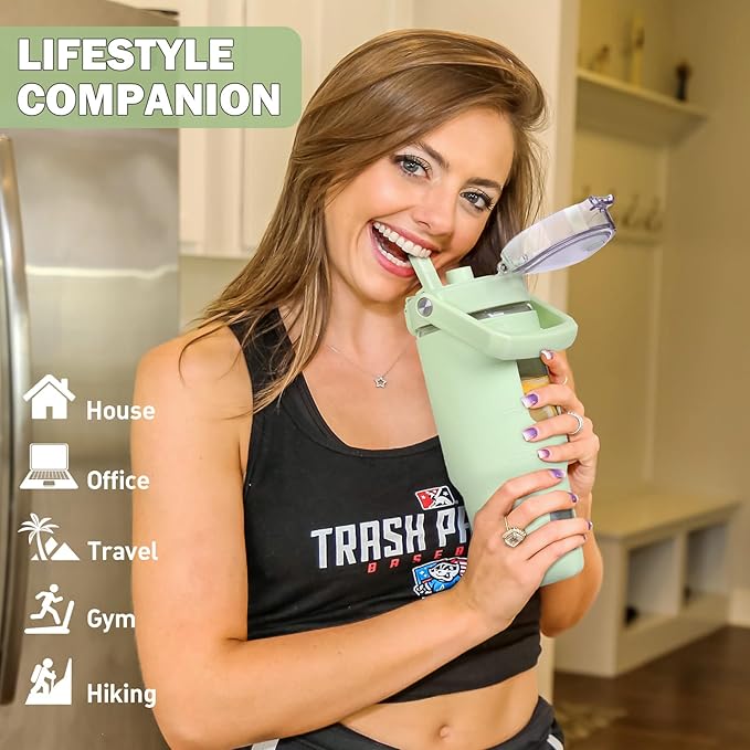 BLUEGO 32oz Glass Water Bottle with Handle and Straw|Leakproof Sports Glass Bottle with Time Marker and Silicone Sleeve|Glass Drinking Bottle for Travel, Gym, Workout, Green