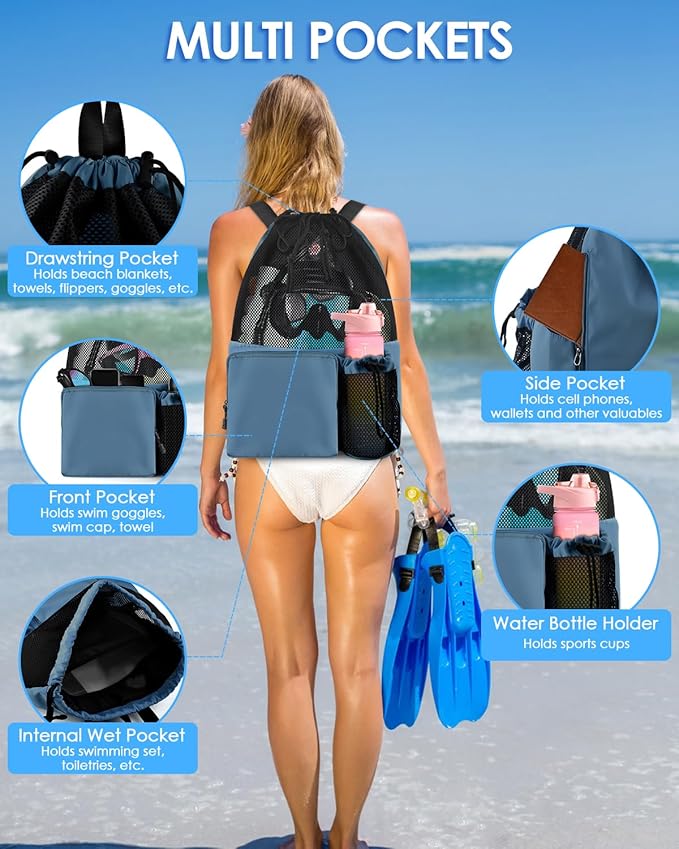 BROTOU Swim Bag Beach Backpack with Wet Pocket Mesh Drawstring Bags for Swimming, Gym