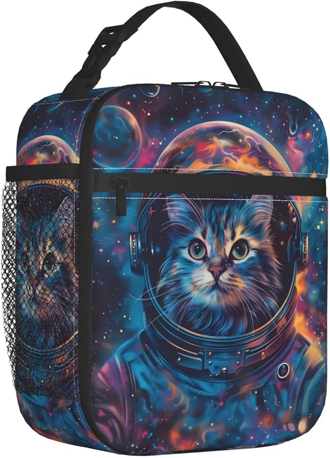 Cosmic Cat Polyester Lunch Box for Kids Teen,Cute Reusable Thermal Lunch Bag for Adult Women,Space Kitten Insulated Tote Cooler Bags for School,Work,Picnic,Travel,Captivating Galaxy Theme