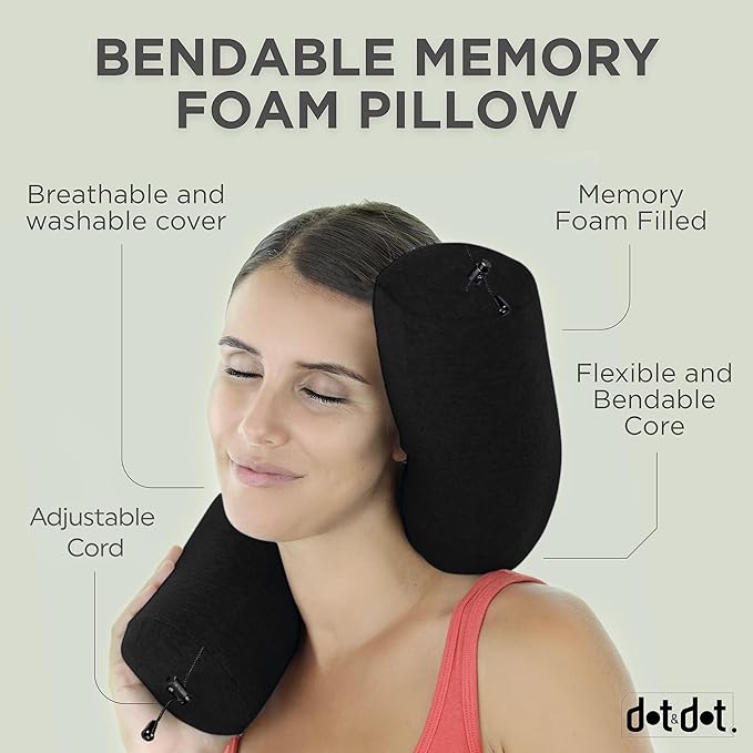 Dot&Dot Twist Memory Foam Travel Pillow for Airplanes - Travel Neck Pillow for Sleeping - Airplane Pillow for Neck Support - Adjustable, Bendable Neck Roll Pillow