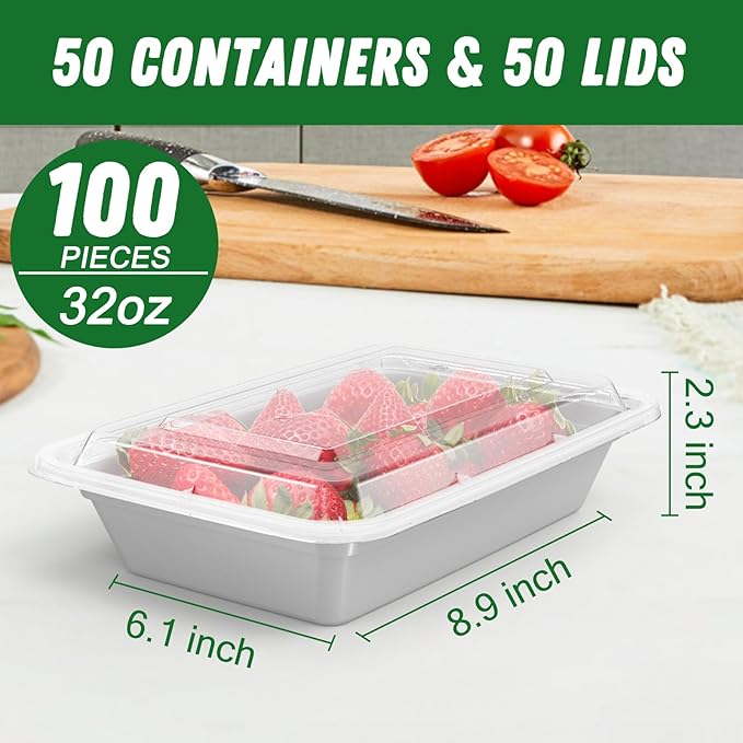50 Pack (100-Piece) 32 oz Meal Prep Containers Reusable with Easy Open Lids, Sturdy Leakproof Food Safe, Microwave Freezer Dishwasher Safe, To Go Take Out Plastic Food Storage Pans with Lids, Silver
