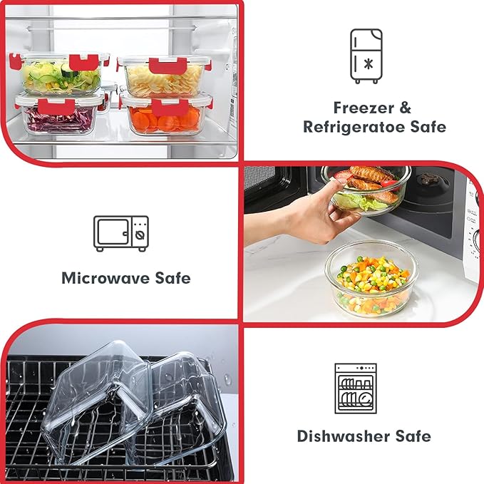 VERONES 30 Pieces Glass Meal Prep Containers Set, Stackable Glass Food Storage Containers with Lids-Airtight Glass Lunch Containers，for Microwave, Oven, Freezer & Dishwasher,Red