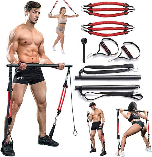 180LBS Adjustable Pilates Toning Bar Kit with Resistance Bands, Anti-Break, Full Body Dynamic Workout, Home Portable Gym