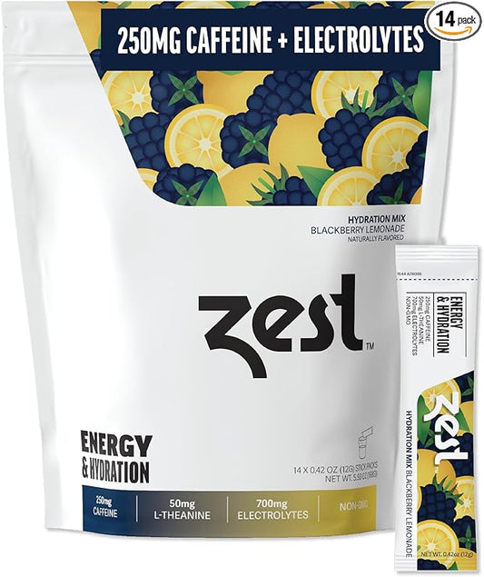 Zest Electrolyte Hydration Powder - Mix w/Water - 14 Packets - Low Sugar Liquid Enhancer (1 Pack (14 Powder Sticks), BlackBerry Lemonade (Energy & Hydration))