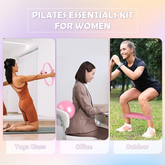 Pilates Essentials Kit for Women, 13.5" Pilates Ring and Ball Set with Resistance Bands for Home Workouts, Portable Pilates Kit with Bag & Training Poster for Full Body Exercise