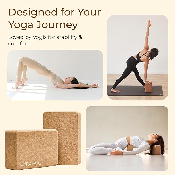 Cork Yoga Blocks 2 Pack | 9x6x3 Inch Natural Cork Block Set | High-Density Yoga Blocks for Stability & Support | Eco-Friendly Yoga Essentials