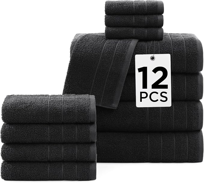Casa Platino 100% Mercerized Cotton Luxury Bathroom Towels Set - 12 Piece - Ring Spun Technology - 4 Bath, 4 Washcloths, 4 Hand Towels - Remains Soft & Absorbent Even After Multiple Washes - Black