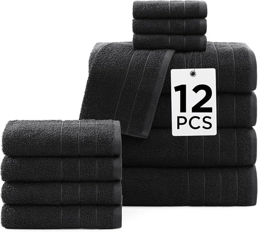 Casa Platino 100% Mercerized Cotton Luxury Bathroom Towels Set - 12 Piece - Ring Spun Technology - 4 Bath, 4 Washcloths, 4 Hand Towels - Remains Soft & Absorbent Even After Multiple Washes - Black