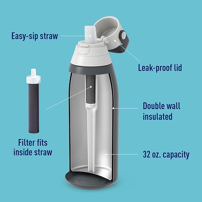Brita Stainless Steel Premium Filtering Water Bottle, BPA-Free, Reusable, Insulated, Replaces 300 Plastic Water Bottles, Filter Lasts 2 Months or 40 Gallons, Includes 1 Filter, Carbon - 32 oz.