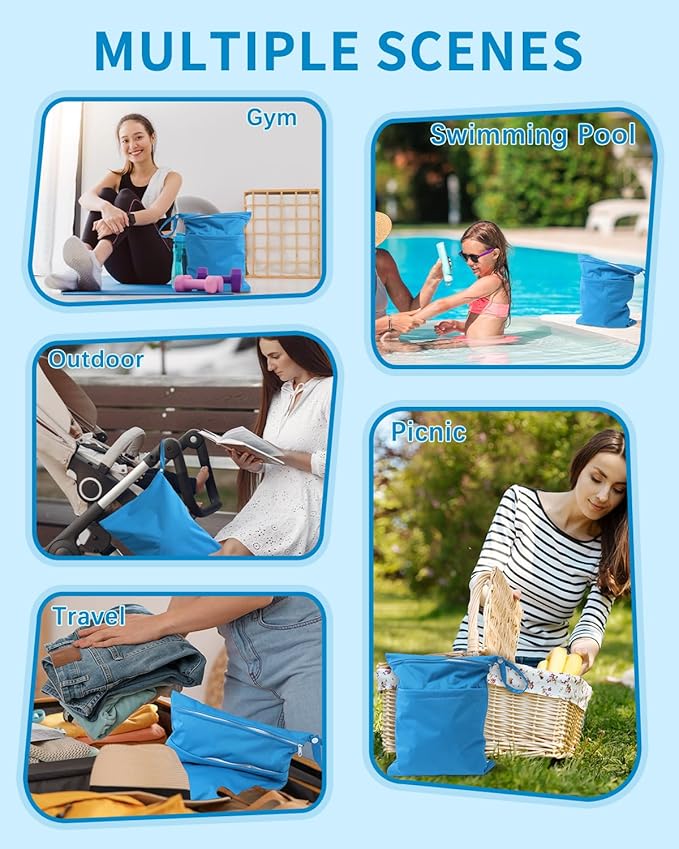 babygoal Wet Dry Bags 3 Pack for Baby Cloth Diapers, Washable Travel Bags, Beach, Pool, Gym Bag for Swimsuits & Wet Clothes with 2 Pockets 3LN10