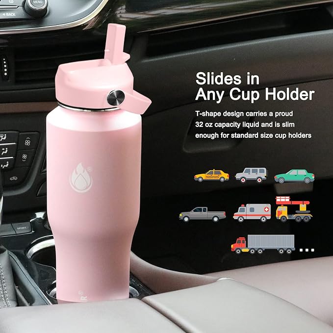 SENDESTAR 32oz Water Bottle Wide Mouth Stainless Steel Vacuum Insulated Double Wall with 2 Straw Lids Fit in Any Car Cup Holder TXIN-32-PH-1