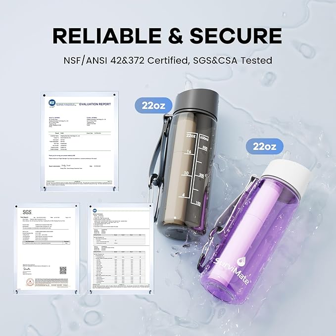 SurviMate Purified Water Bottle for Camping, Hiking, Backpacking and Travel, BPA Free with 5-Stage Intergrated Filter Straw