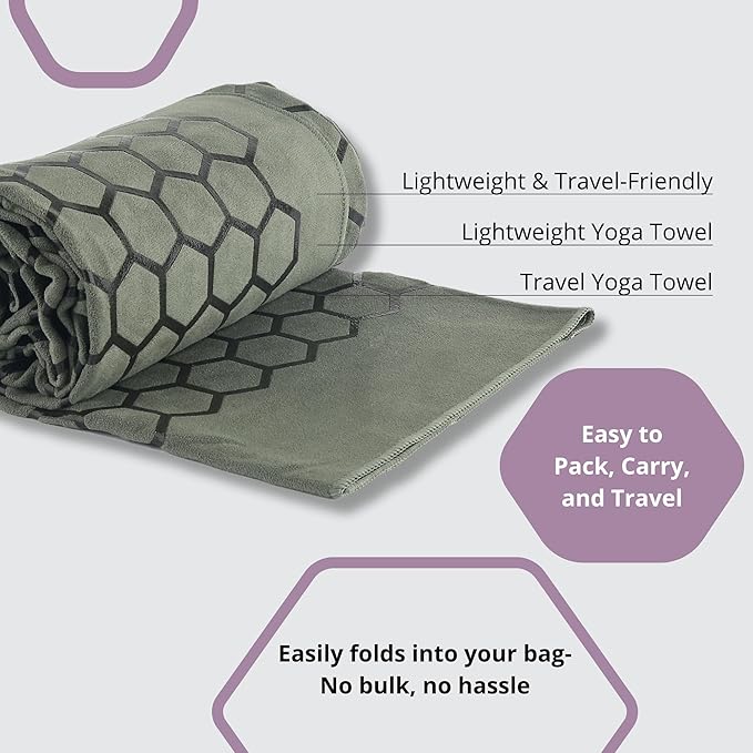 Clever Yoga Hot Yoga Mat Towel – Non-Slip Grip for Hot Yoga, Sweat Absorbent, Honeycomb Silicone Grip, Stays Flat – Ideal for Pilates, Travel, Washable & Lightweight - Olive