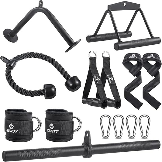 SERTT Workout Cable Machine Attachment for Home Gym, LAT Pulldown Attachments, Cable Accessories for Weight Training, Straight Pull Down Bar, Tricep Rope, Double D Row Handle, V-Shaped Bar