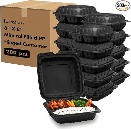 KARAT EARTH Clamshell Take Out Food Containers [8"x8" - 200 ct] To Go Containers | 3 Compartment, Soak-Resistant, Durable, Stackable | Vented for Hot/Cold Foods, Black