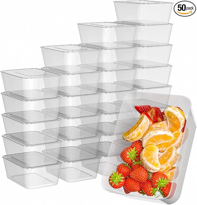 Meal Prep Containers,50 Pack 1 Compartment Food Storage Containers with Lids,Disposable Bento Box Reusable Plastic Lunch Box Kitchen Food Take-Out Box Microwave Dishwasher Freezer Safe(34 oz)