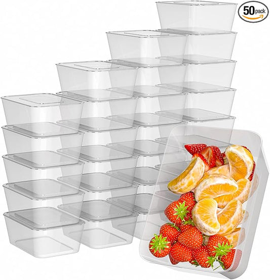 Meal Prep Containers,50 Pack 1 Compartment Food Storage Containers with Lids,Disposable Bento Box Reusable Plastic Lunch Box Kitchen Food Take-Out Box Microwave Dishwasher Freezer Safe(34 oz)