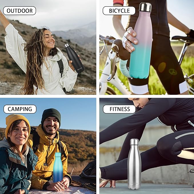 Insulated Water Bottle, 2 Pack-17oz Stainless Steel Water Bottles with straw lid, Metal Sports Water Bottles for Boys,Girls, Double Wall Vacuum BPA-Free Flask for School, Sports(Black-Sliver)