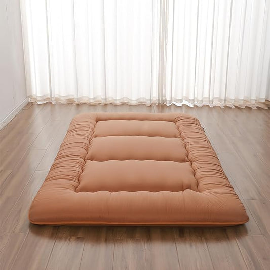 Japanese Floor Mattress, Futon Mattress with Portable Storage Bag and Washable Cover, Roll Up Thick Tatami Mat Suitable for Camping, Guest Room, Light Coffee, Full