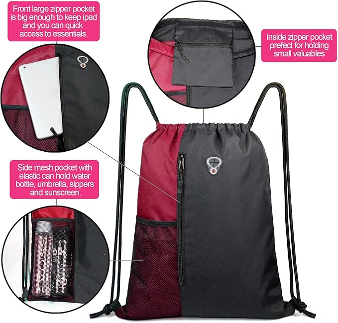 BeeGreen Maroon Drawstring Backpack Sports Gym Bag for Women Men Large String Backpack With Zipper and Water Bottle Mesh Pockets Cinch Sack Workout Bag, 16" x 20"