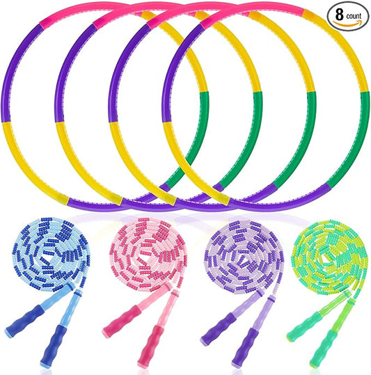 8 Pcs Toy Hoop and Jump Rope Set for Kids Include 4 Skipping Rope and 4 Detachable Weight Size Hoop Gymnastic Fitness Exercise Gift Equipment
