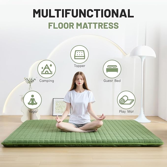 Japanese Floor Mattress Queen, Anti-Slip Japanese Futon Foldable Tatami Mat for Guests, Green