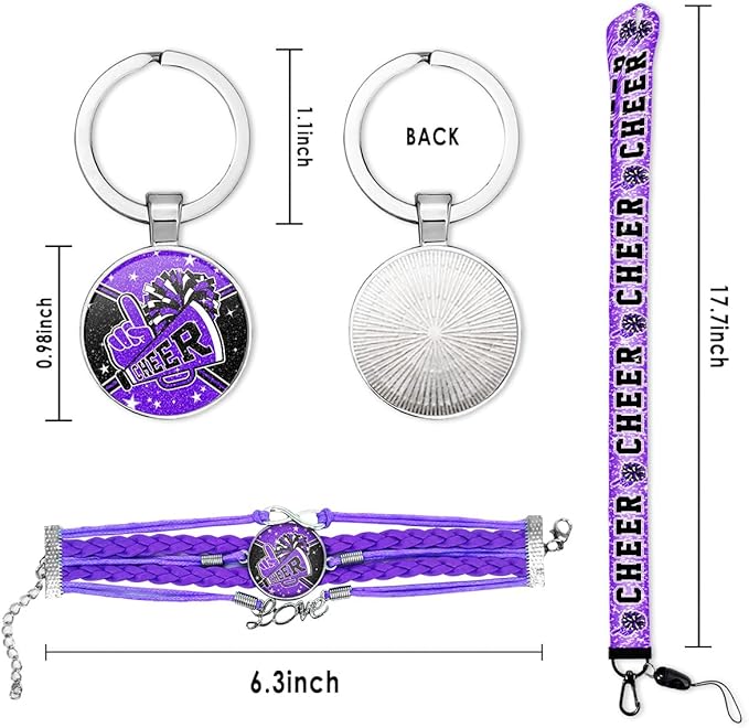 Cheerleading Drawstring Bag Set Including Drawstring Sackpack Stickers Lanyard Keychains Bracelets Hair Ties 6 Pcs(Purple)
