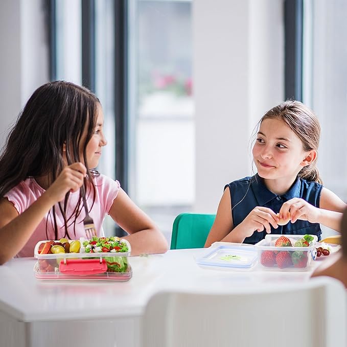 4 Pack Plastic Snack Containers with Lids, 2 Compartment Food Container for Kids Snack Box, Travel Bento Lunch Containers with forks for Fruits/Candies, Divided Food Storage Containers for School