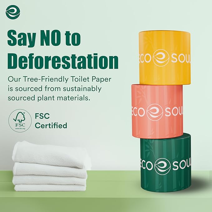 ECO SOUL Bamboo Toilet Paper 36 Mega Rolls 3 Ply, 300 Sheets per Roll | Eco-Friendly Septic Safe Organic Bath Tissues Sustainable Toilet Paper Compostable - FSC Certified