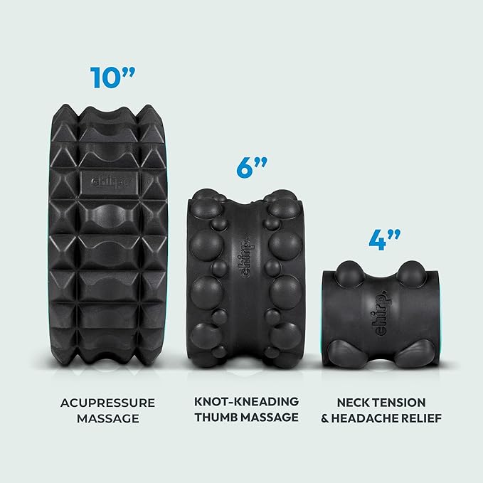 Chirp Wheel XR 3-Pack - 10” Acupressure, 6” Knot-Kneading Thumb, 4” Neck & Headache Relief, High Density Foam Massage Roller Set for Deep Tissue Back Roller & Muscle Therapy, Supports 500lbs, Black