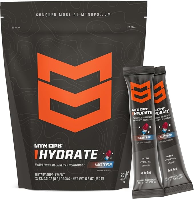MTN OPS Hydrate Electrolytes Powder Drink Mix, 20 Single Serving On-The-Go Electrolyte Packs with Over 1000mg of Electrolytes per Serving, Liberty Pop