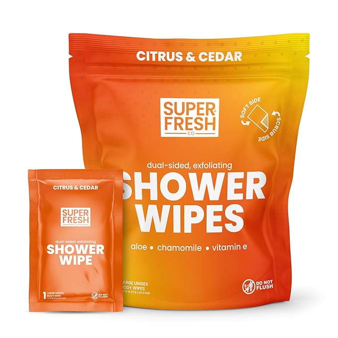 Super Fresh Shower Wipes Large Citrus & Cedar Body Wipes for No Rinse Bathing Personal Hygiene Gym Travel or Camping Enriched with Aloe and Vitamin E 10 Individually Wrapped Disposable Sheets