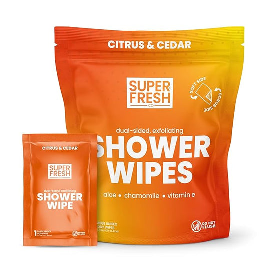Super Fresh Shower Wipes Large Citrus & Cedar Body Wipes for No Rinse Bathing Personal Hygiene Gym Travel or Camping Enriched with Aloe and Vitamin E 10 Individually Wrapped Disposable Sheets